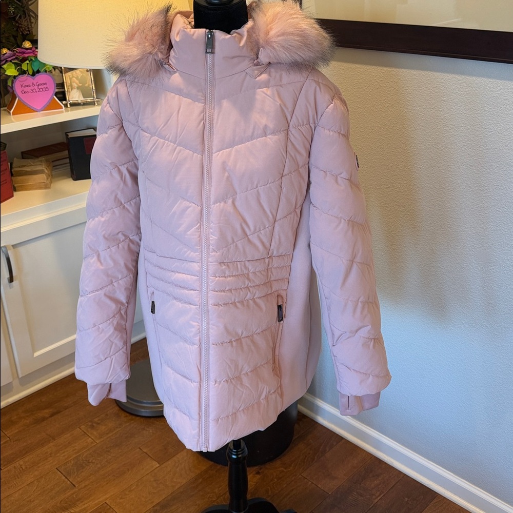 MICHAEL KORS Plus Faux-fur-trim Hooded Puffer Coat jacket Rosewater pink XXL EUC - Picture 2 of 4
